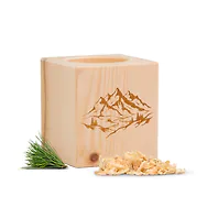 ZirbenW&uuml;rfel | Alpenlandschaft | 7x7x8cm + 10g Zirbensp&auml;ne + Bio Zirben&ouml;l (10ml)