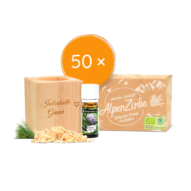 50 Stk. Zirbenw&uuml;rfel Set | ZirbenW&uuml;rfel (7x8cm) mit 10g Zirbensp&auml;ne + Bio Zir...