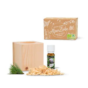 Zirbenw&uuml;rfel Set | ZirbenW&uuml;rfel (7x8cm) mit 10g Zirbensp&auml;ne + Bio Zirben&ouml;l (1...