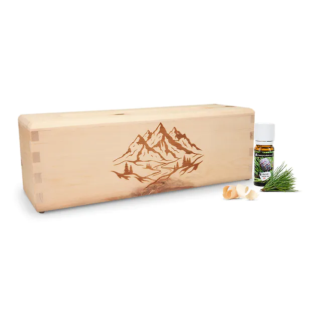 ZirbenDiffuser "AIR-25" mit Gravur "Alpenlandschaft" | Luftbefeuchter Set inkl. Bio Zirben&ouml;l von Zirbelino&reg;: Nat&uuml;rlich. Erfrischend | stilvoller Zerst&auml;uber, Vernebler, Verdampfer mit LED-Farbspiel | f&uuml;r &auml;therische &Ouml;le | 5-teilig