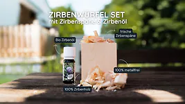 Zirbenw&uuml;rfel Set | ZirbenW&uuml;rfel (7x8cm) mit 10g Zirbensp&auml;ne + Bio Zirben&ouml;l (1...
