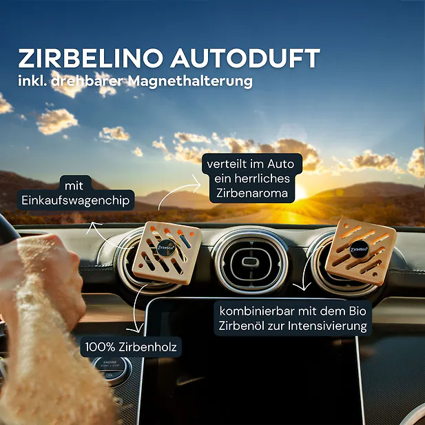 Original Zirbelino® Lufterfrischer | Der Autoduft vom echten Baum | inkl. drehbarer Magnethalterung + Einkaufswagenchip + Bio ZirbenÖl (10ml)