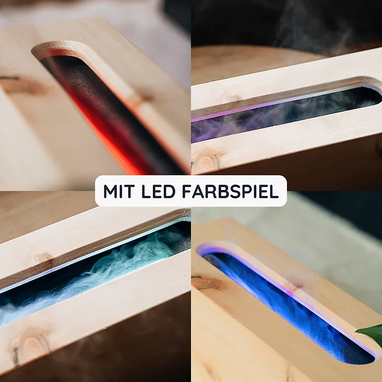ZirbenDiffuser "AIR-25" Luftbefeuchter Set von Zirbelino®: Natürlich. Erfrischend. | stilvoller Zerstäuber, Vernebler, Verdampfer mit LED-Farbspiel | für ätherische Öle | ca. 25cm x 6,5cm x 7,7cm | 4-teilig