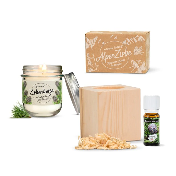 ZirbenW&uuml;rfel Set + ZirbenDuftkerze 